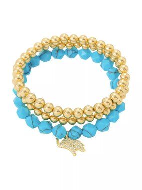 Blue Turquoise and Cubic Zirconia Elephant Pendant Trio Stretch Bracelet Set